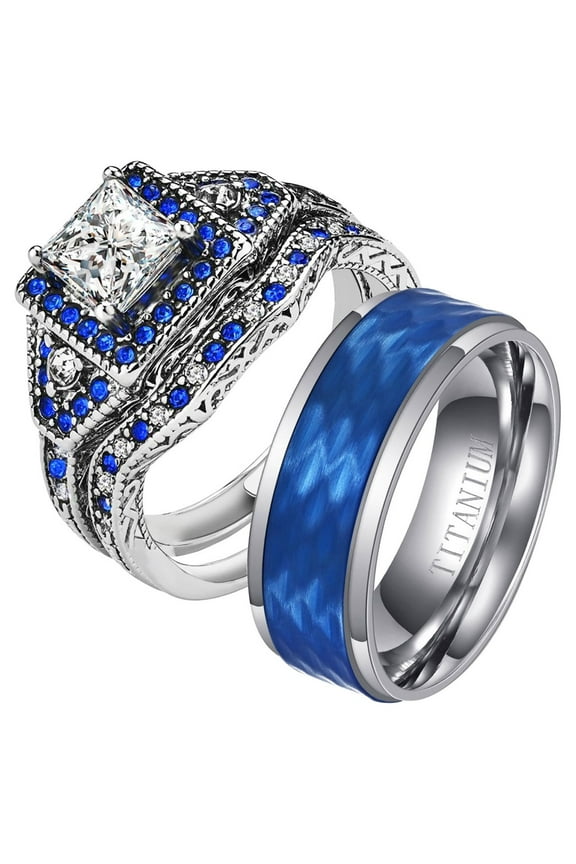 His and Hers Wedding Ring Sets Couples Rings Adjustable size Sterling Silver Blue cz Wedding Engagement Ring Bridal Sets Men's Titanium Wedding Band