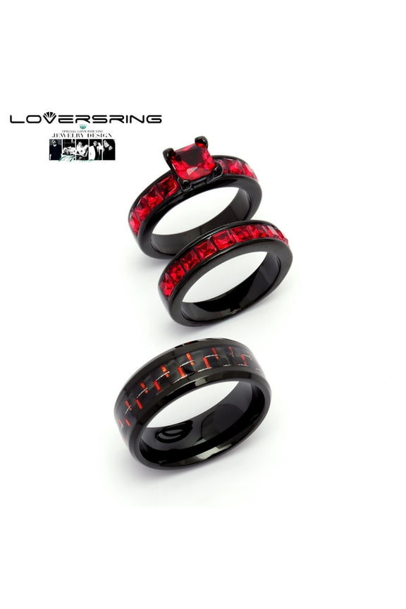 His and Hers Wedding Ring Sets Couples Rings Black Gold Plated Red Ruby Cz Stainless steel band