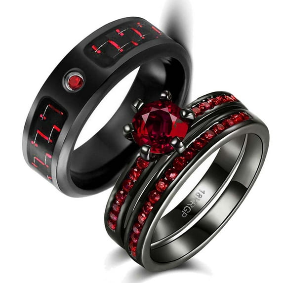His and Hers Wedding Ring Sets Couples Rings Black Gold Plated Red Ruby Cz Titanium band