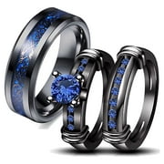 His and Hers Wedding Ring Sets Couples Rings Black Gold Plated Round Blue Cz Stainless steel band