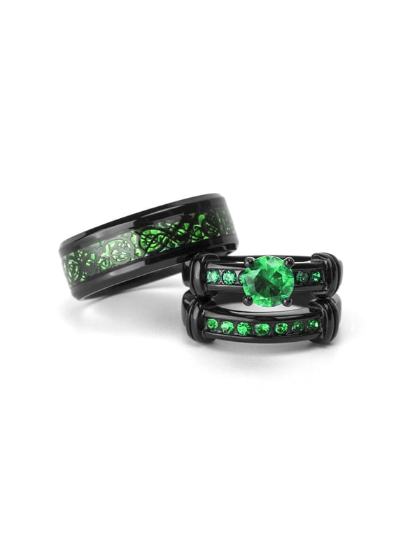 His and Hers Wedding Ring Sets Couples Rings Black Gold Plated Round Green Cz Stainless steel band