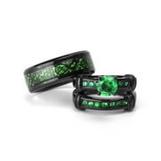 His and Hers Wedding Ring Sets Couples Rings Black Gold Plated Round Green Cz Stainless steel band