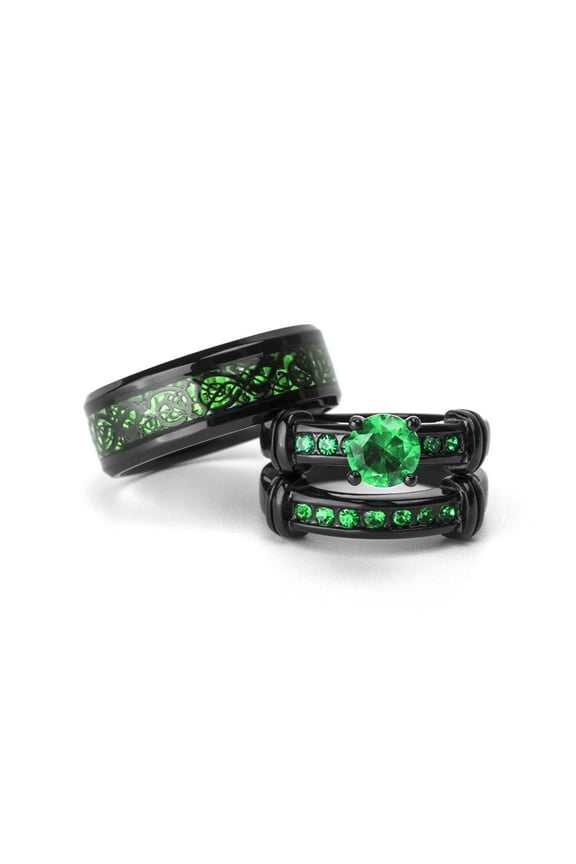 His and Hers Wedding Ring Sets Couples Rings Black Gold Plated Round Green Cz Stainless steel band