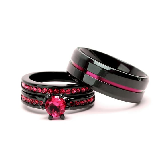 His and Hers Wedding Ring Sets Couples Rings Black Gold Plated Round Red Ruby Cz Stainless steel band
