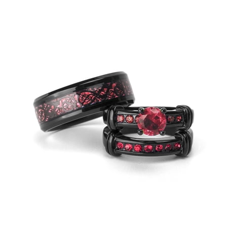 His and Hers Wedding Ring Sets Couples Rings Black Gold Plated Round Red ruby Cz Stainless steel band