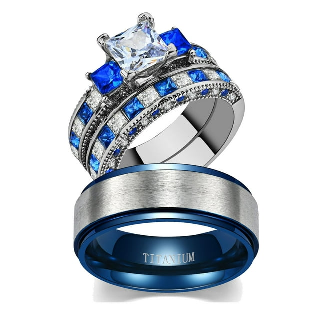 His and Hers Wedding Ring Sets Couples Rings Sterling Silver Blue cz