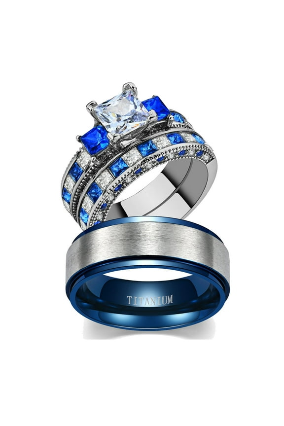 His and Hers Wedding Ring Sets Couples Rings Sterling Silver Blue cz Wedding Engagement Ring Bridal Sets Men's Titanium Wedding Band