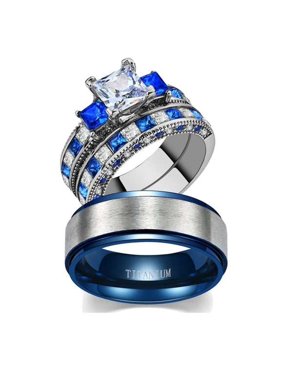 His and Hers Wedding Ring Sets Couples Rings Sterling Silver Blue cz Wedding Engagement Ring Bridal Sets Men's Titanium Wedding Band