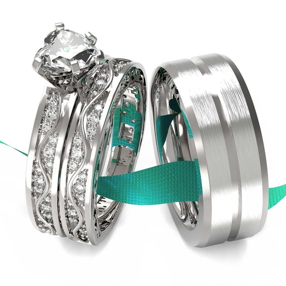 His and Hers Wedding Ring Sets Couples Rings Sterling Silver Moissanite Wedding Engagement Ring Bridal Sets Men's Tungsten Carbide Wedding Band