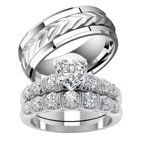 His and Hers Wedding Ring Sets Couples Rings Sterling Silver White Cz Wedding Engagement Ring Bridal Sets Men's Titanium Wedding Band