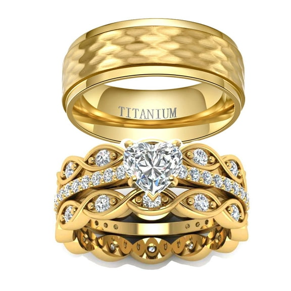 His and Hers Wedding Ring Sets Couples Rings Yellow Gold Plated Heart Cz Titanium band