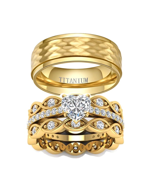 His and Hers Wedding Ring Sets Couples Rings Yellow Gold Plated Heart Cz Titanium band