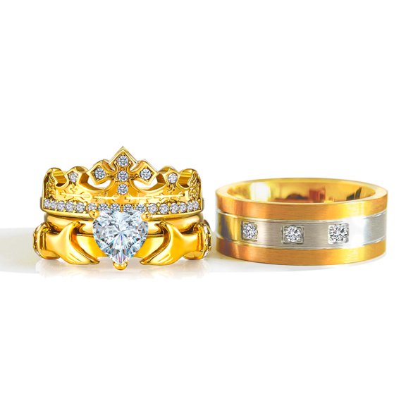 His and Hers Wedding Ring Sets Couples Rings Yellow Gold Plated Heart Cz Traditional Claddagh Celtic Ring