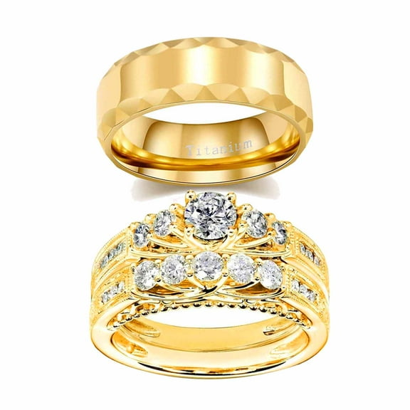His and Hers Wedding Ring Sets Couples Rings Yellow Gold Plated Heart White Cz Titanium band