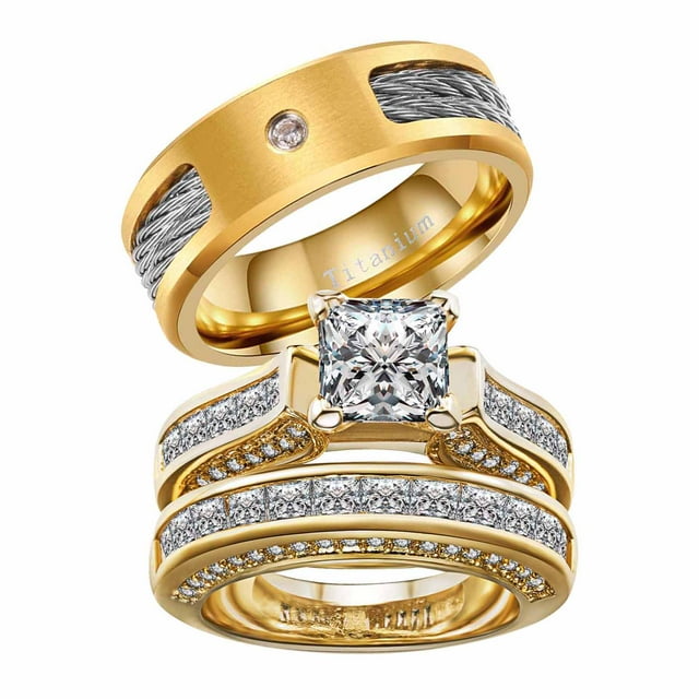 His and Hers Wedding Ring Sets Couples Rings Yellow Gold Plated Square
