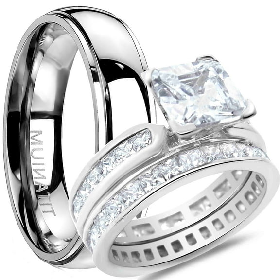 His and Hers Wedding Ring Sets Matching Bands for Him Her Silver Titanium 10/6