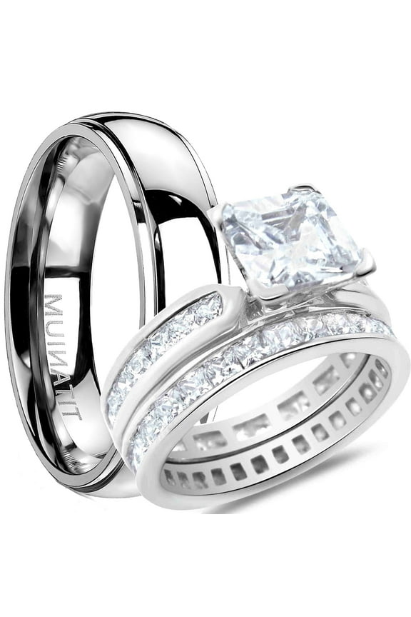 His and Hers Wedding Ring Sets Matching Bands for Him Her Silver Titanium 10/6