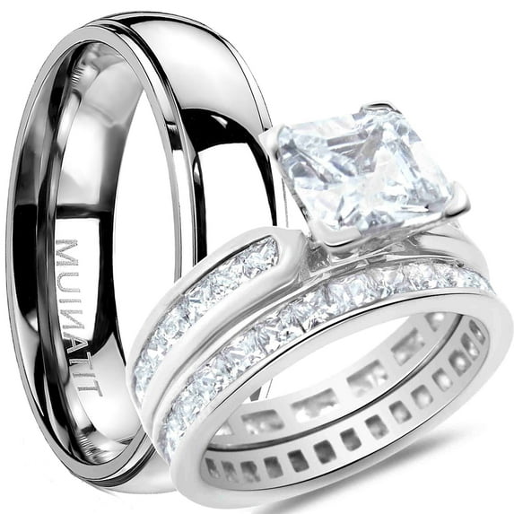 His and Hers Wedding Ring Sets Matching Bands for Him Her Silver Titanium 6/6