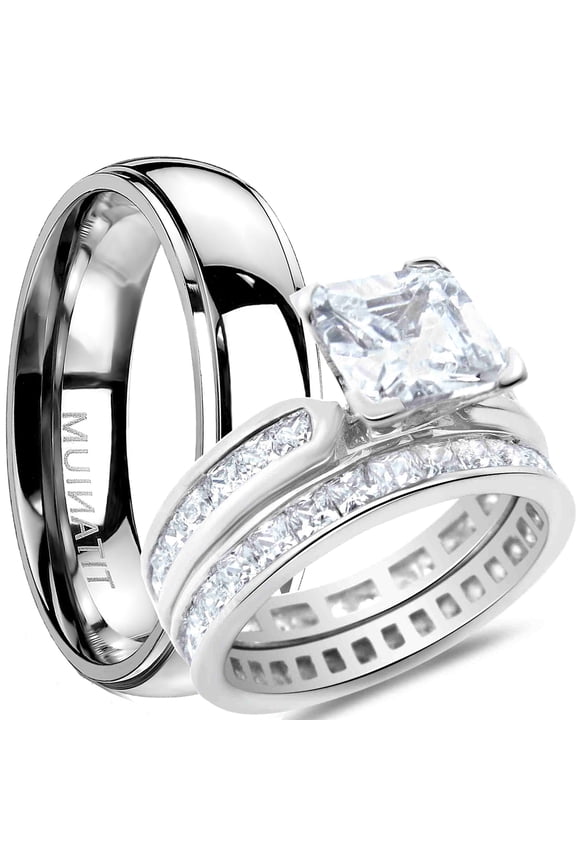 His and Hers Wedding Ring Sets Matching Bands for Him Her Silver Titanium 8/7