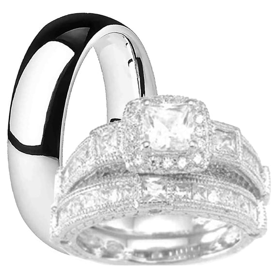 LaRaso & Co His Her Wedding Set TRIO Silver Titanium CZ Princess Cut Bridal Rings 9/8