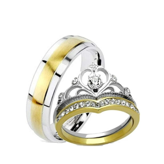 His and Hers Wedding Rings 3 Pc Yellow Gold IP Crown Stainless Steel Wedding Set