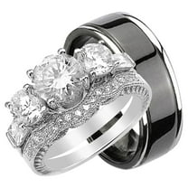His and Hers Wedding Rings Set Her Sterling Silver Black Plated Titanium Band for Him (11/9)