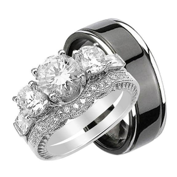 His and Hers Wedding Rings Set Her Sterling Silver Black Plated Titanium Band for Him (5/9)