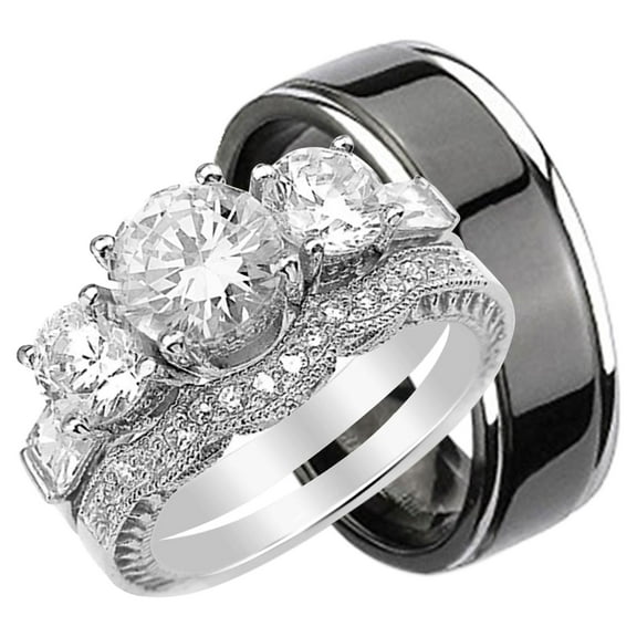 His and Hers Wedding Rings Set Her Sterling Silver Black Plated Titanium Band for Him (7/8)