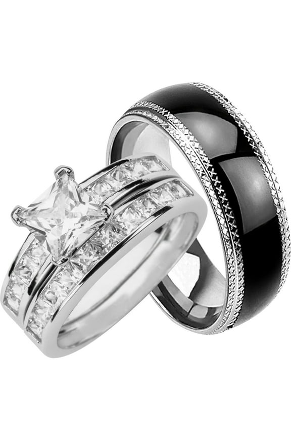 His and Hers Wedding Rings Set Sterling Silver Black Wedding Band for Him Her 13/10