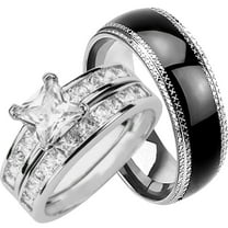 His and Hers Wedding Rings Set Sterling Silver Black Wedding Band for Him Her 14/10