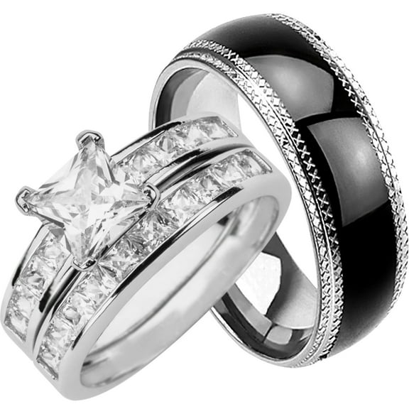 His and Hers Wedding Rings Set Sterling Silver Black Wedding Band for Him Her 14/10