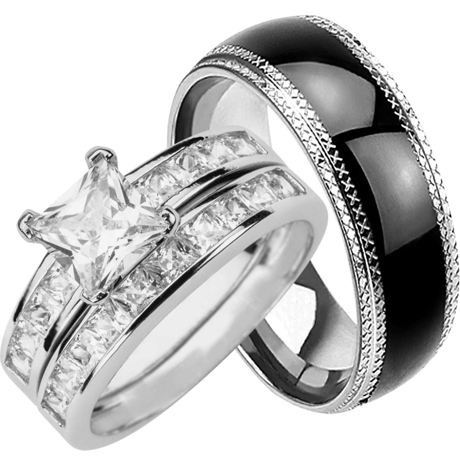 His and Hers Wedding Rings Set Sterling Silver Black Wedding Band