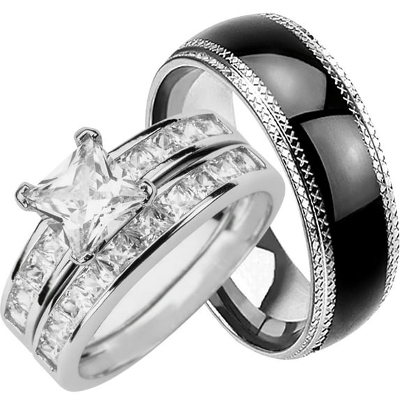 His and Hers Wedding Rings Set Sterling Silver Black Wedding Band for Him Her 9/12
