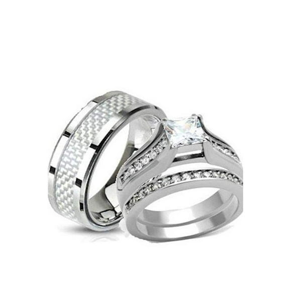 His and Hers Wedding Rings Stainless Steel Princess Cut CZ Wedding Ring Set