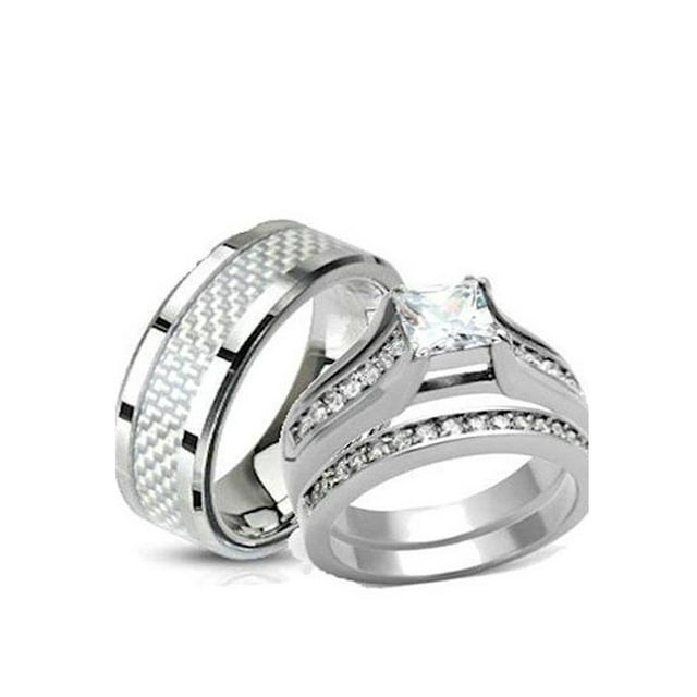 His and Hers Wedding Rings Stainless Steel Princess Cut CZ Wedding Ring ...