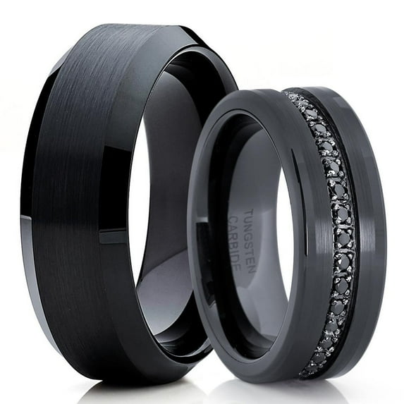 His and Hirs 8mm - Black Tungsten Wedding Band - mens Beveled Edges - Men's Tungsten Ring Unique
