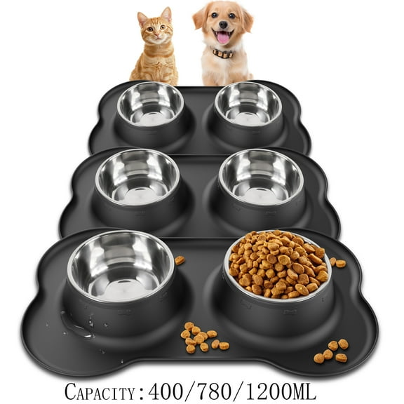 Hisdou Pet Dog Cat Bowls,[2 Pack] Non Spill Stainless Steel Pet Bowls With Mat,Stainless Steel Double Bowls Food Water Bowl Set|1200ML