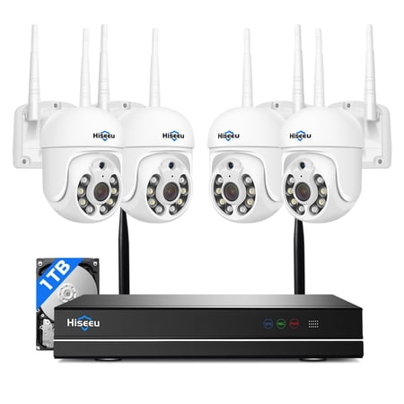 Hiseeu 360 View Pan Tilt Wireless Security Camera System with 1TB Hard Drive Romote View and Recording,4Pcs 5MP Security Cameras with 2-Way Audio,Color Night Vision,AI Human Detection,Smart Security