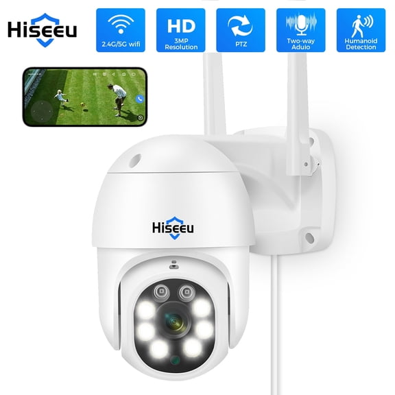 Hiseeu 3MP PTZ 2.4G/5G WiFi Security Camera,360°View Auto Tracking,Color Night Vision,Spotlight/Sound Alarm,IP66 Waterproof,2-Way Audio,SD/Cloud Storage