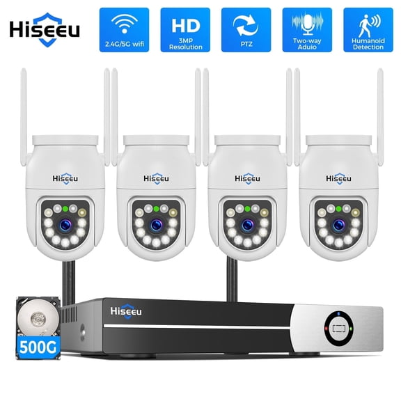 Hiseeu 3MP Wireless Outdoor Security System,4 CCTV PTZ Cameras with 2.4G/5G WiFi,4K 10-Channel NVR,2-Way Audio, Color Night Vision, Human Detection,24/7 Surveillance-500GB HDD