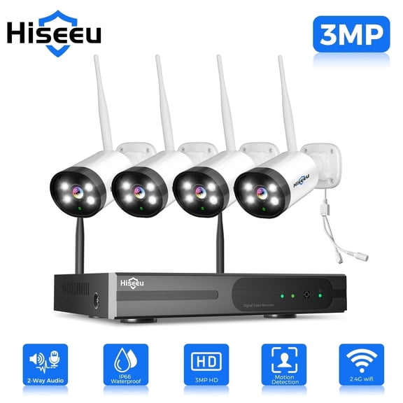 Hiseeu 3MP Wireless Wi-Fi Security Camera System Without Hard Drive, Color Night Vision, Motion Detection,2- Way Audio,IP66 Waterproof, for Indoor Outdoor