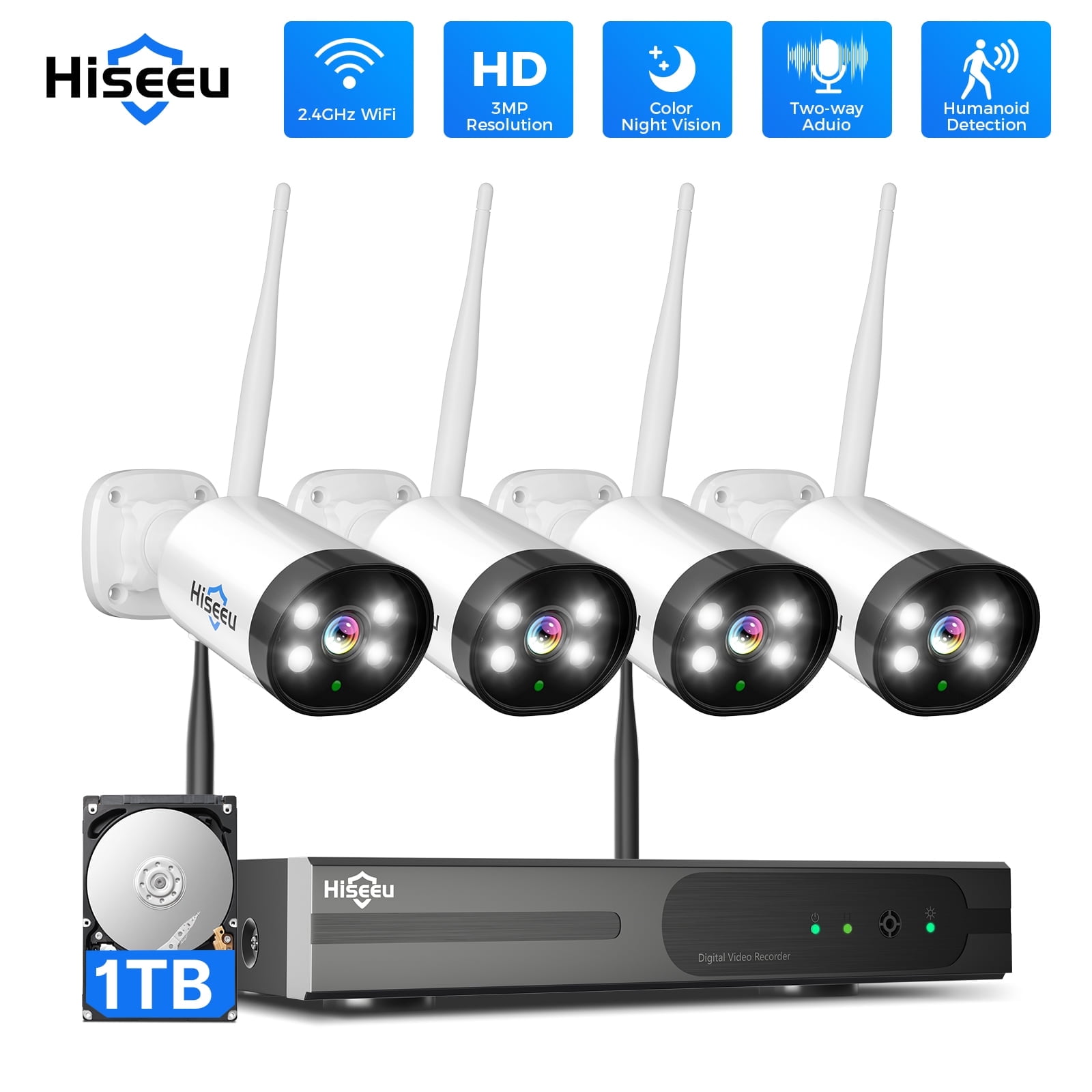 Hiseeu 4-Pack Outdoor Wireless Security Camera System, 10CH 3MP with 1TB Hard Drive