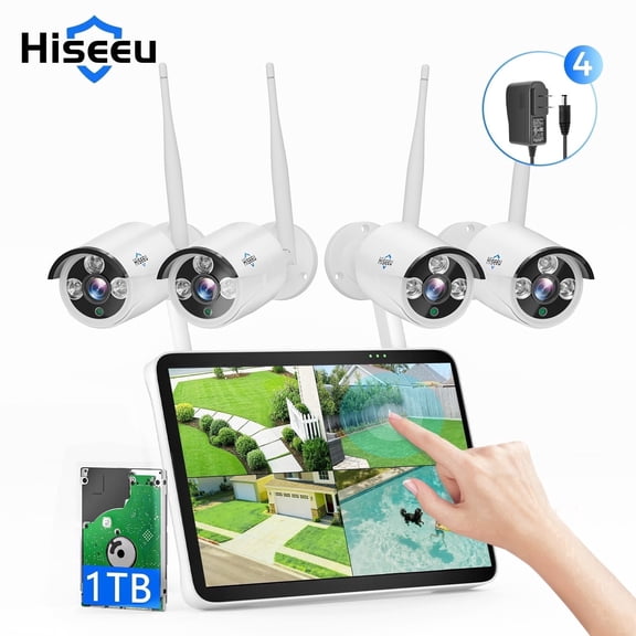 Hiseeu 4K Outdoor Security Camera System with 10" Touch Screen,1TB HDD,10 CH NVR, 4Pcs Wireless Wi-Fi with 24/7 Recording,2-Way Audio,Color Night Vision