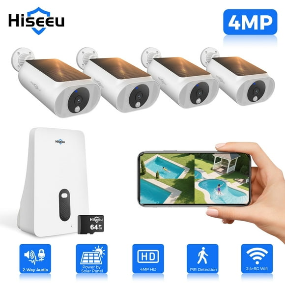 Hiseeu 2K/4MP Solar Security Camera with Base Station, Spotlight, Expandable 10 Channel, with 64G Free Storage Wireless Outdoor Camera, Waterproof PIR Detection, Home Surveillance System Camera