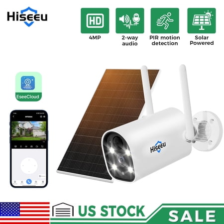 Hiseeu 4MP Solar Security Camera with Spotlight Wireless Outdoor Camera, Waterproof PIR Detection, Rechargeable Battery Powered Home Surveillance Camera