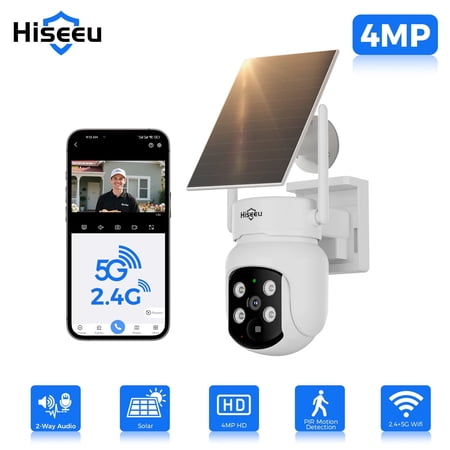Hiseeu 4MP Solar Security Camera Wireless Outdoor ,2.4G /5G WiFi Camera For Home Surveillance,360 View PTZ,Battery Powered,PIR Motion Detection,2-Way Talk .