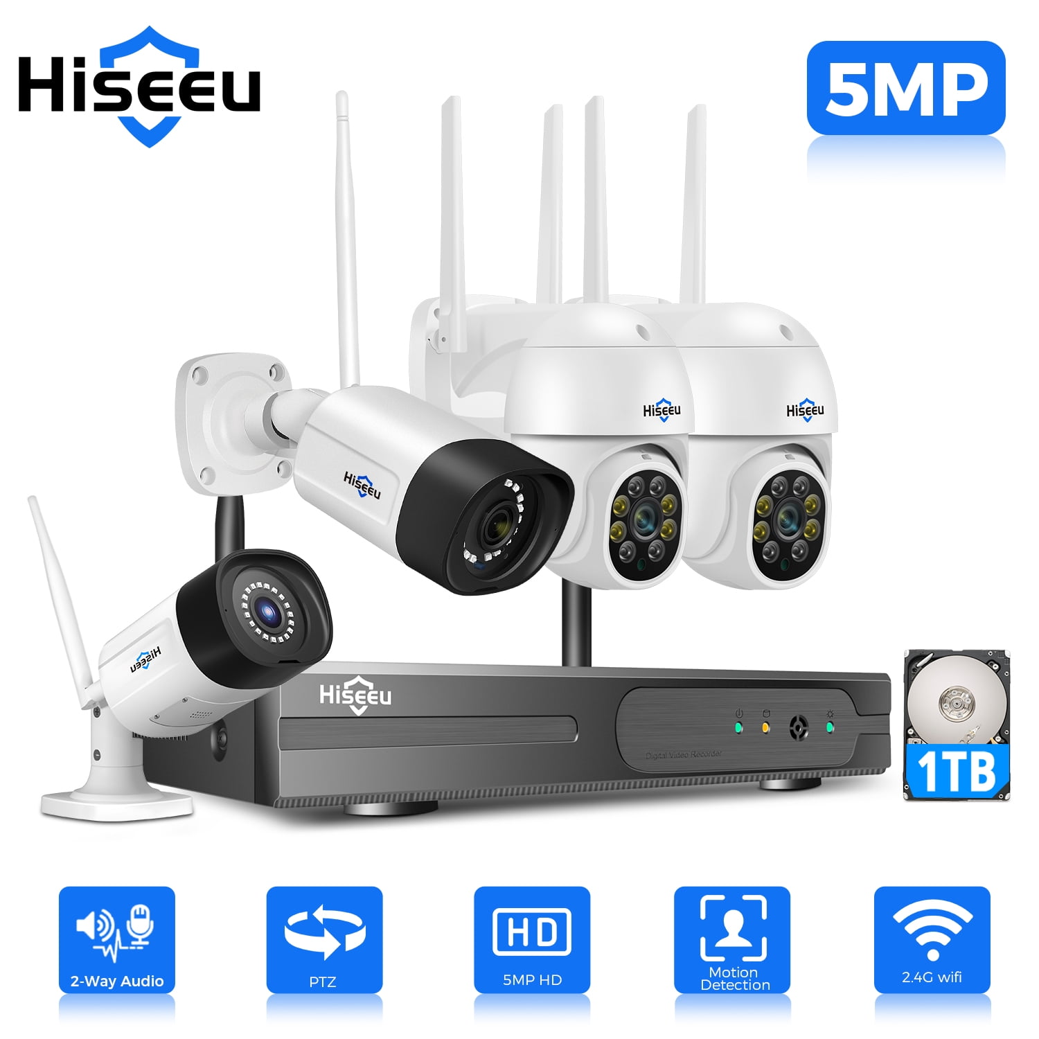 Hiseeu Wireless Security System w/ 4 Cameras, 2 Way Audio