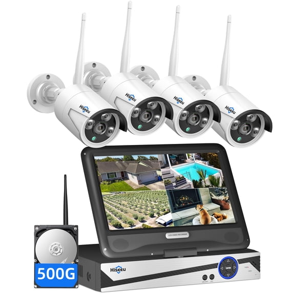 Hiseeu Outdoor Home Security Camera System with 10.1'' Monitor 10CH 500GB Hard Drive NVR, 5MP Wireless Wifi Cameras for 24/7 Recording and Remote View