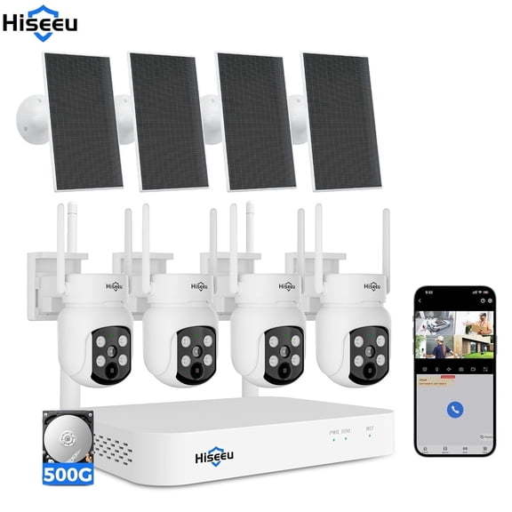 Hiseeu Outdoor Wireless Solar Security Camera System, 4-Camera Home WiFi Surveillance Kit with NVR, 500G Hard Drive, 2K 4MP 360° View, Color Night Vision, PIR Human Detect, 2-Way Audio, IP66
