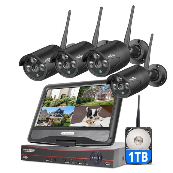 Hiseeu Security Camera System with 10.1'' Monitor, 1TB Hard Drive, 10 Channel NVR, 4Pcs Wireless Wi-Fi with Audio Recording, Waterproof, Night Vision, Home Security Camera (Supports Only 2.4Ghz WiFi)